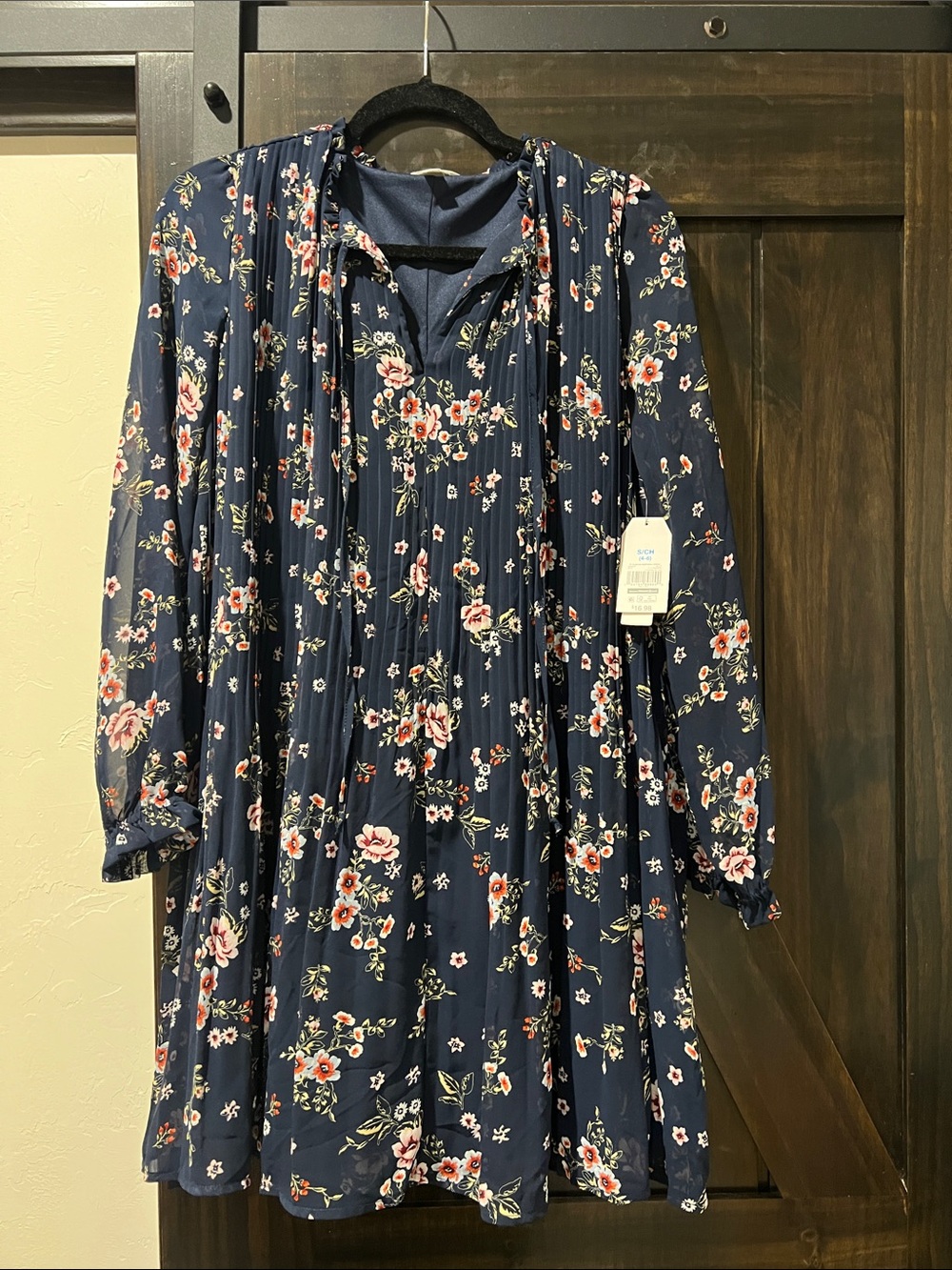 Women’s Navy Floral Swing Dress with Tie Neck